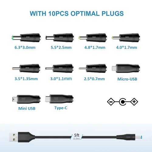 Vista 4 de Powseed Cable de alimentación de 5 V CC, cable de carga USB a CC con 10 enchufes adaptadores para cargar luz LED Pixel, USB-HUB, mini ventilador