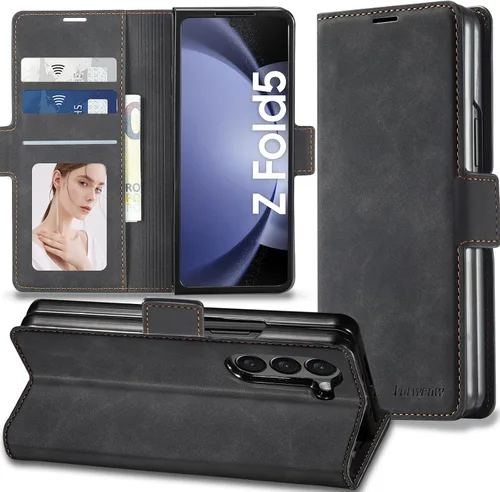 Vista 32 de Funda de piel con tapa para Samsung Galaxy Z Flip 3, con protección de bisagra, delgada y magnética tipo cartera [1 tarjetero], funda protectora a