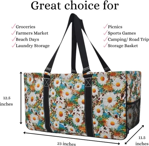 Vista 180 de NGIL Bolsa de comestibles reutilizable extra grande plegable de gran tamaño para comestibles, almacenamiento, picnic, playa, Estampado