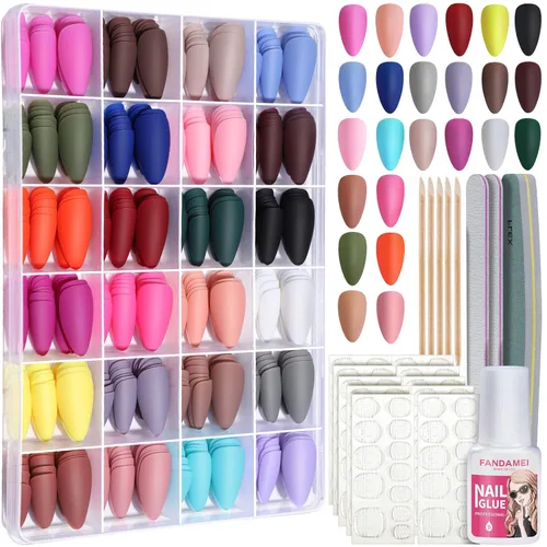 Vista 8 de FANDAMEI - Uñas de presión, 576 uñas postizas en 24 colores, uñas acrílicas de almendra de longitud media, cobertura completa, brillantes