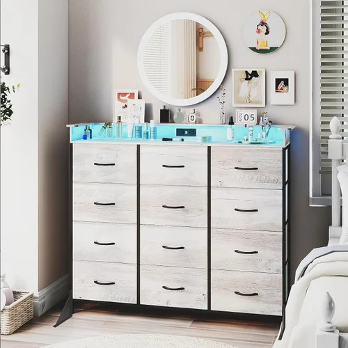 Vista 9 de Cómoda negra con luz LED, 12 cajones con estación de carga, cómoda para dormitorio con 12 cajones de tela para dormitorio, pasillo, entrada