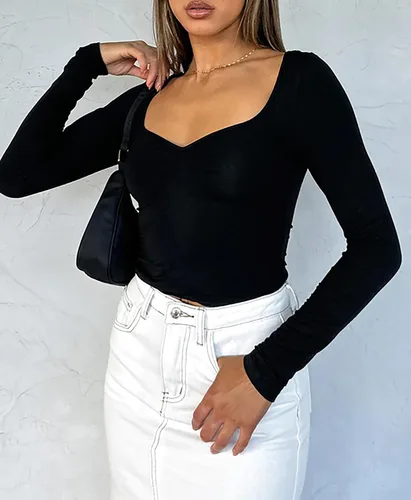 Vista 2 de Cioatin Camisetas cortas para mujer, ropa Y2K, cuello corazón, manga larga, camiseta delgada de moda para adolescentes