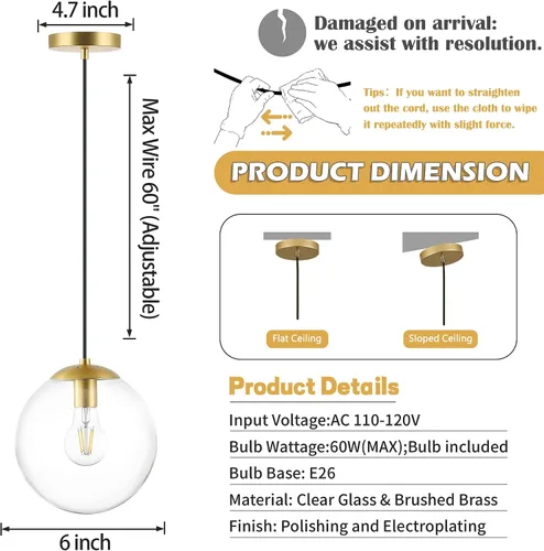 Vista 5 de KoKo&Yukina Luces colgantes modernas de globo de vidrio dorado de 6 pulgadas, paquete de 2 lámparas colgantes de vidrio transparente de mediados