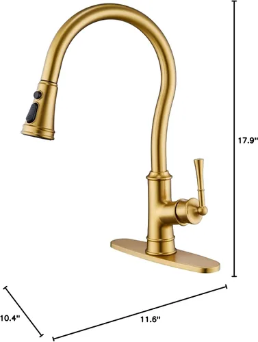 Vista 8 de Grifo de cocina con rociador extraíble, grifo de fregadero de cocina de latón vintage dorado de arco alto con placa de cubierta de 1 o 3 agujeros