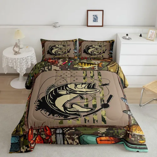 Vista 11 de Erosebridal Juego de ropa de cama de pesca tamaño individual, juego de edredón de peces coloridos para niños, adolescentes, hombres, pescadores