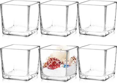 Vista 9 de Juego de 6 jarrones cuadrados de vidrio de 5 x 5 x 5 pulgadas, jarrones transparentes para centros de mesa, portavelas para eventos de fiesta