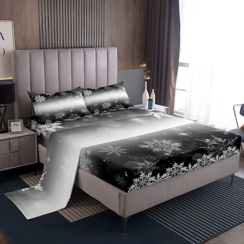 Vista 2 de Erosebridal Juego de sábanas bajeras de Navidad tamaño Queen, diseño de copos de nieve, color negro, gris, degradado, para niños y niñas, juego