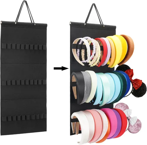 Vista 2 de Organizador colgante para diademas para niñas, organizador de diademas de fieltro, organizador de almacenamiento para diademas (sin diademas) (Negro)