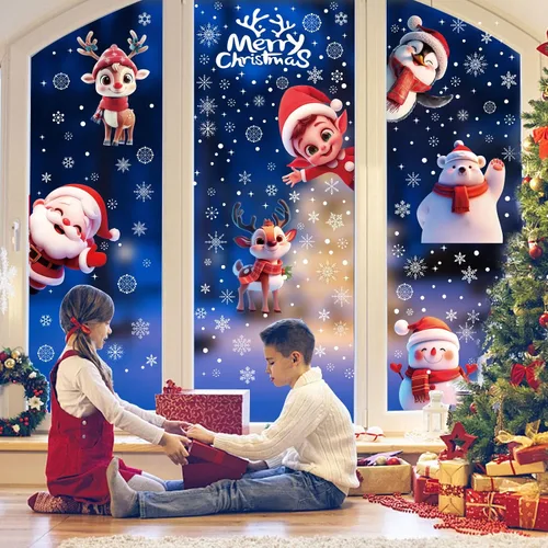 Vista 6 de CCINEE 8 hojas de calcomanías de Navidad para ventana, calcomanías de doble cara para ventana de auto de Navidad, copos de nieve, Papá Noel, renos