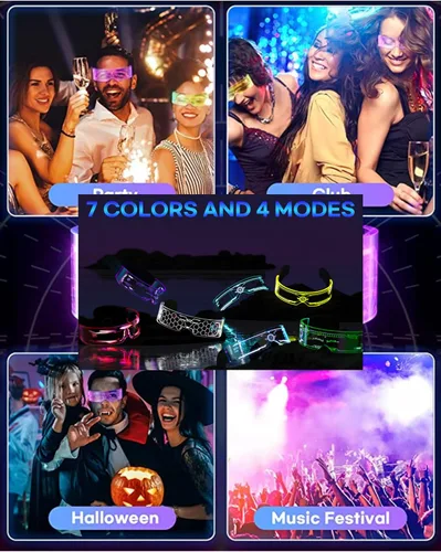 Vista 4 de Gafas de visera con luz LED (paquete de 2) 7 colores 4 modos Gafas luminosas futuristas cyberpunk para niños y adultos