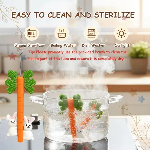 Vista 6 de Juguetes de dentición para bebés, tubos de dentición huecos de conejo de zanahoria de silicona Sensory Chew Toys Over 3 Months - Teether Straws for