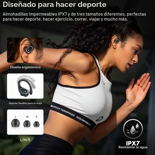 Vista 4 de Auriculares inalámbricos Bluetooth 80 horas de reproducción, IPX7, impermeables, funda de carga inalámbrica, ganchos para los oídos (negro)
