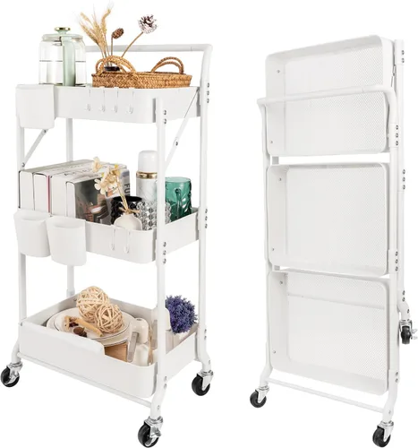 Vista 10 de Carrito plegable de 3 niveles con ruedas, carrito de utilidad plegable organizador, carrito de almacenamiento plegable con 3 tazas colgantes y 6