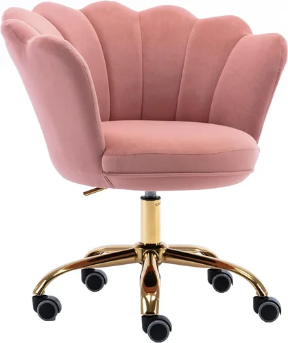 Vista 19 de Cómoda silla de trabajo para oficina en casa con ruedas, bonita y moderna tapizada de terciopelo con respaldo de concha, silla de escritorio Negro