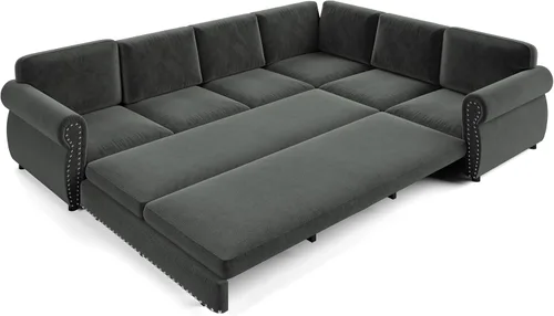 Vista 9 de Sofá cama seccional en forma de L de 6 asientos, sofá extraíble de chenilla gris Gris oscuro