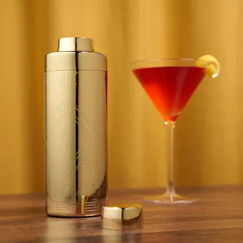 Vista 5 de Viski Art Deco - Coctelera de acero inoxidable grabada de 24 onzas con colador y acabado dorado