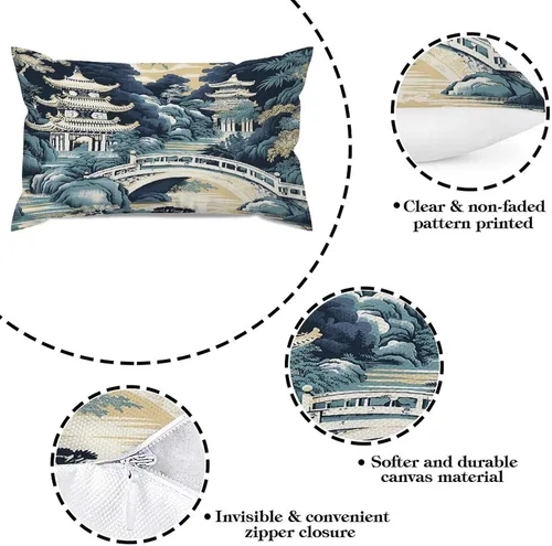 Vista 8 de Chinoiserie - Fundas de almohada decorativas de porcelana azul y blanca con patrón de edificios de estilo chino de 12 x 20 pulgadas, fundas de cojín