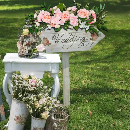 Vista 9 de Arreglo floral de cenador artificial, diseño rústico y floral, para decoración de mesa de boda, recepción, telón de fondo (rosa)