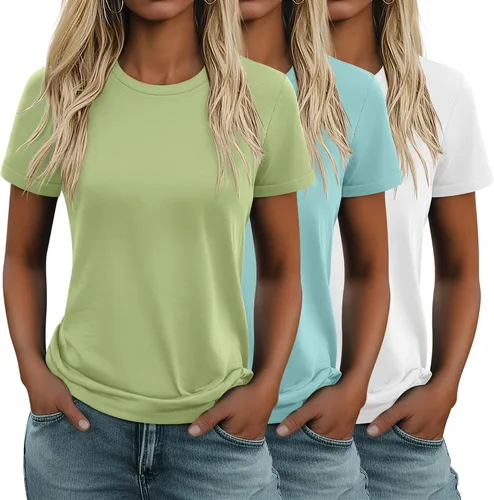 Vista 9 de Huukeay Paquete de 3 camisetas de algodón para mujer, estilo casual, de manga corta, cuello redondo, ajuste holgado, básica, lisa