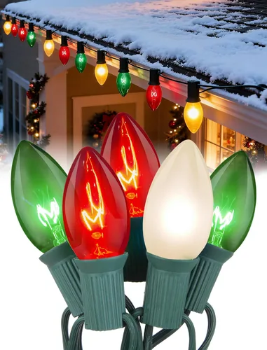 Vista 13 de Luces de Navidad C9 rojas y blancas de 25 pies, cadena de luces de Navidad C9 impermeables con 26 bombillas rojas y blancas, luces de Navidad