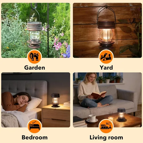 Vista 6 de Faroles solares colgantes para exteriores, decoración de patio, doble carga solar y USB, sensor de luz ajustable, lámpara de mesa decorativa retro