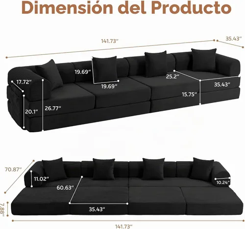 Vista 2 de Sofá cama modular en forma de U de 141.73 pulgadas, sofá de pana modular 6 en 1 con sensación suave como una nube, bolsa de almacenamiento