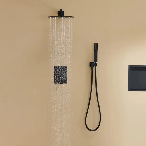 Vista 4 de Sistema de ducha de 10 pulgadas, juego combinado de ducha de lluvia, grifo de montaje en pared negro, grifos de baño con cabezal de ducha de lluvia