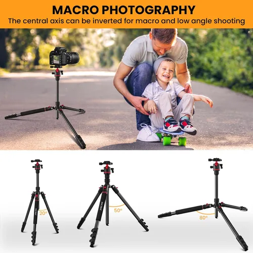 Vista 8 de MACTREM Trípode para cámara, trípode de viaje de aluminio de 67 pulgadas/172cm y monopie con cabeza de bola de 360°, soporte ligero para cámara