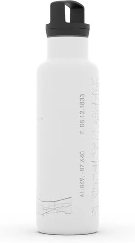 Vista 3 de Well Told Botella de agua aislada con mapa de Chicago Illinois, botella de acero inoxidable grabada (21 onzas, blanco) botella aislada de mapa