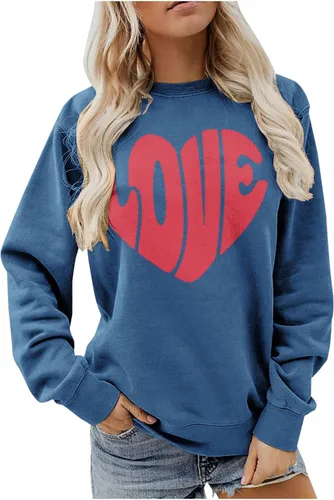 Vista 3 de TYISZIL Camisetas para el día de San Valentín para mujer, de manga larga, con estampado de corazón, cuello redondo, holgadas, cómodas, sin botones