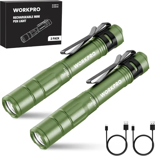 Vista 12 de WORKPRO Luz recargable para bolígrafo, mini linterna, paquete de 2 linternas EDC ultracompactas, linterna de bolsillo con clip, función de memoria