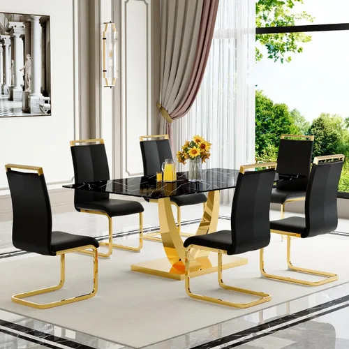 Vista 19 de Juego de mesa de comedor negra para 4, 63 x 35.4 x 30 pulgadas, mesa de comedor moderna rectangular con patas y base de acero inoxidable, sillas