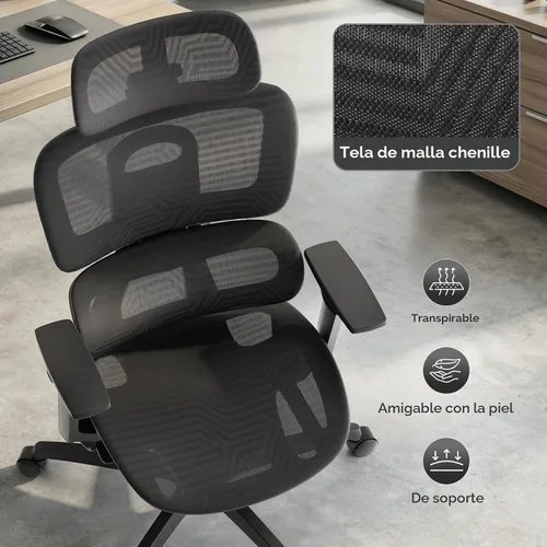 Vista 9 de Silla de oficina ergonómica, silla de escritorio ajustable con respaldo alto y asiento ajustable, reposabrazos 3D, bloqueo de inclinación reclinable