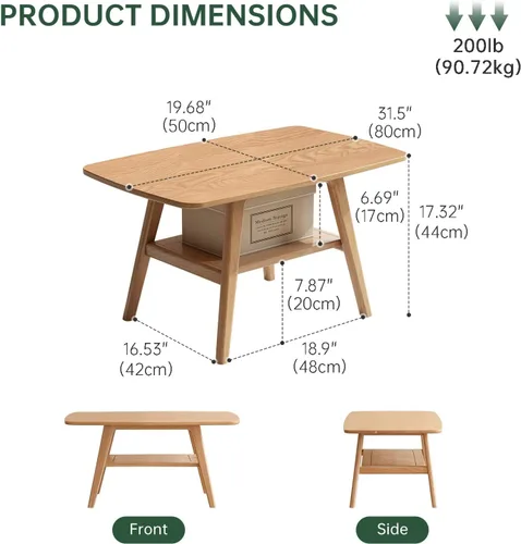 Vista 2 de Mesa de centro 100% de madera de roble maciza para sala de estar, mesa pequeña con almacenamiento en estantes, mesas de centro modernas de mediados