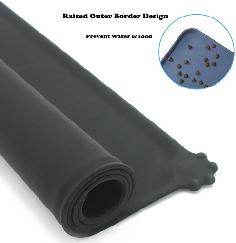 Vista 3 de Tapete de silicona para alimentación de mascotas, impermeable, para perros y gatos, bordes elevados para evitar derrames, bandeja individual Negro