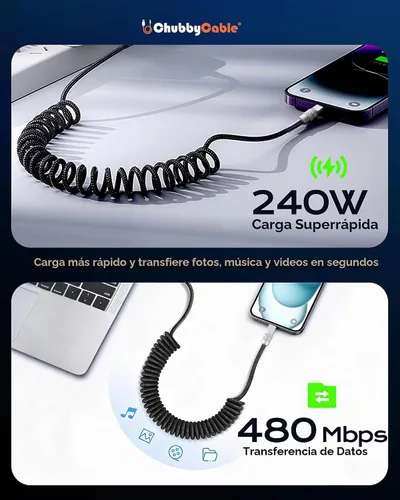 Vista 2 de chubbycable Cable de carga en espiral trenzado USB C a C 240W, naranja, 6