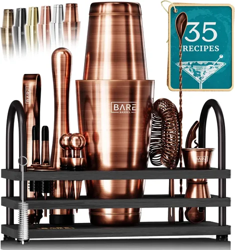 Vista 12 de BARE BARREL Mixology Bartender Kit Bar Set Juego de coctelera de 14 piezas Herramientas de mezcla de Martini Barware para el hogar 35 tarjetas