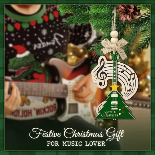Vista 4 de Adorno navideño de guitarra eléctrica para árbol, adorno musical de madera de 2 capas con notas y clave de agudos, regalo único para músico