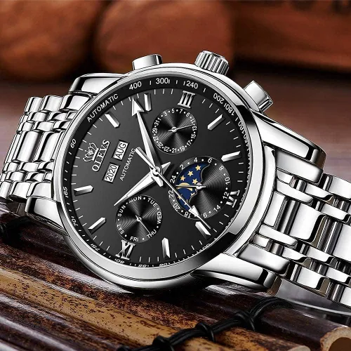Vista 6 de OLEVS Relojes automáticos mecánicos de lujo de cara grande de acero inoxidable impermeable con calendario luminoso