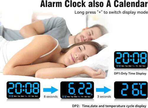 Vista 4 de Reloj de pared digital grande de 9.5 pulgadas con pantalla LED, DST automático, alarma dual con repetición, brillo ajustable, visualización