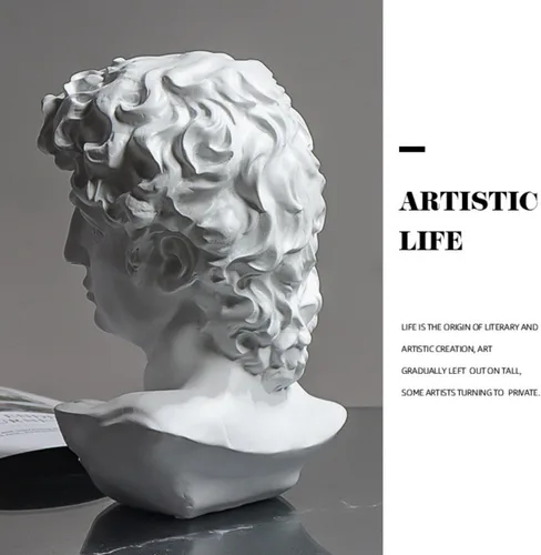 Vista 4 de Estatua de David de Yahu Lando, busto griego, estatua de cabeza de busto para decoración del hogar romano, decoración de mesa de café blanca