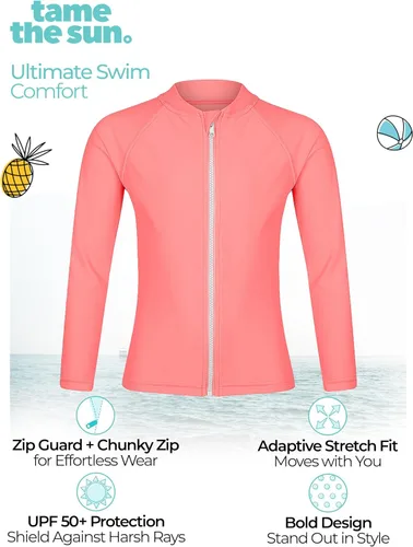 Vista 3 de Tame the Sun Girls Long Sleeve UPF 50+ Rash Guard Swim Shirt - One Piece Zipper Toddler Swim Shirt for Girls
