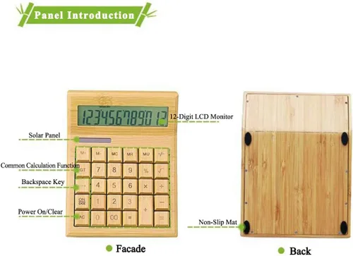 Vista 3 de Omio Calculadora solar de bambú natural, calculadora de escritorio de madera multifuncional de 12 dígitos con 29 teclas grandes, herramienta