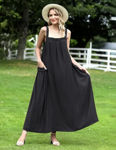 Vista 2 de YESNO Vestido largo para mujer con bolsillos estilo bohemio de verano con correa ancha ajustable con botones E96