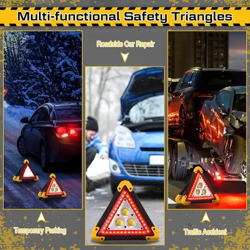 Vista 6 de Huquary Triángulo LED de advertencia de emergencia, recargable portátil intermitente LED triangular de advertencia con 4 modos, luz de peligro