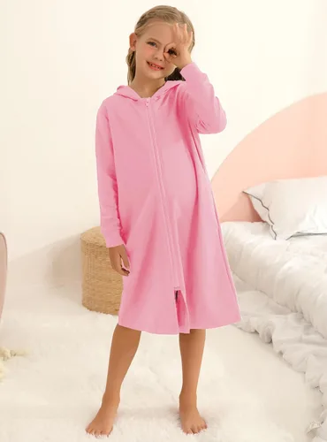 Vista 2 de Sudaderas con capucha y cremallera para niñas, de algodón suave, de manga larga, holgada, con bolsillos, de 4 a 13 años