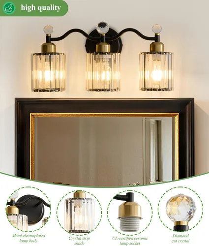 Vista 8 de Moderna lámpara de cristal para tocador de baño, 3 luces negras y doradas, lámparas de tocador sobre espejo, lámpara de pared de vidrio