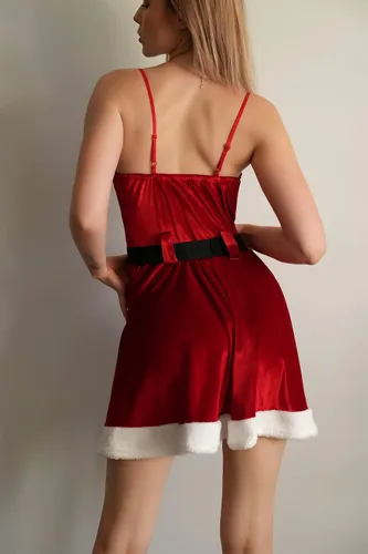 Vista 6 de ZAFUL Vestido corto de Navidad para mujer de piel sintética sin tirantes color rojo de Papá Noel vestido de fiesta de terciopelo bandeau