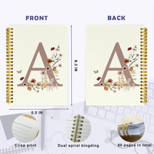 Vista 5 de Cuadernos de diario personalizados con letra inicial floral A, cuadernos vintage femeninos de tapa dura en espiral para la escuela, regalos