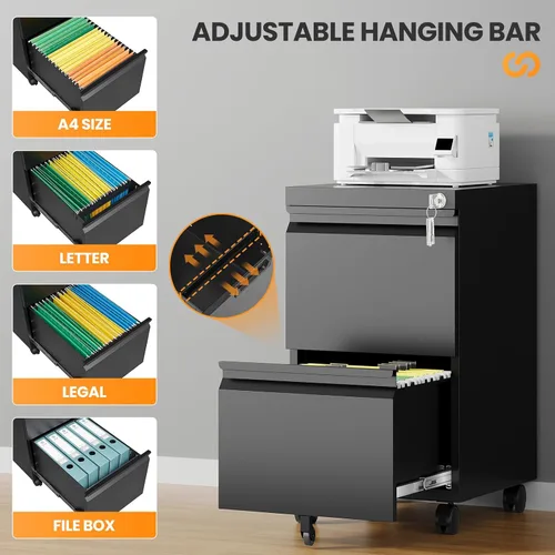 Vista 5 de Gabinete archivador de 2 cajones, gabinetes archivadores móviles totalmente montados con cerradura, gabinete archivador de metal rodante con ruedas